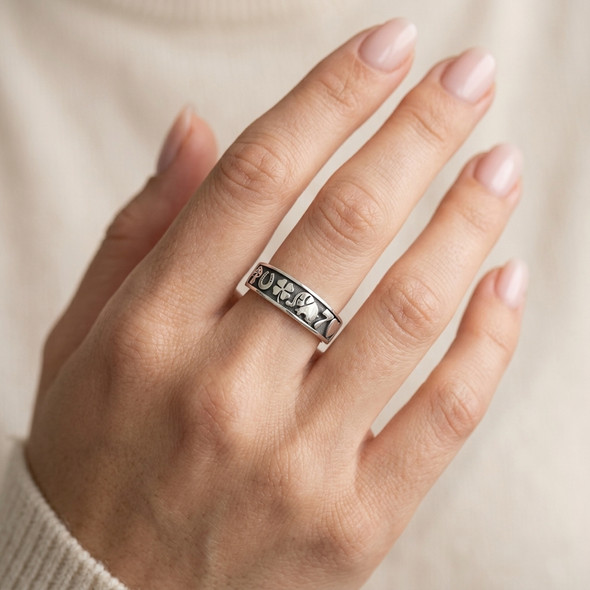 Personalized Sterling Silver Lucky Charm Ring – Horseshoe, Clover, Elephant & Heart Engraved Band