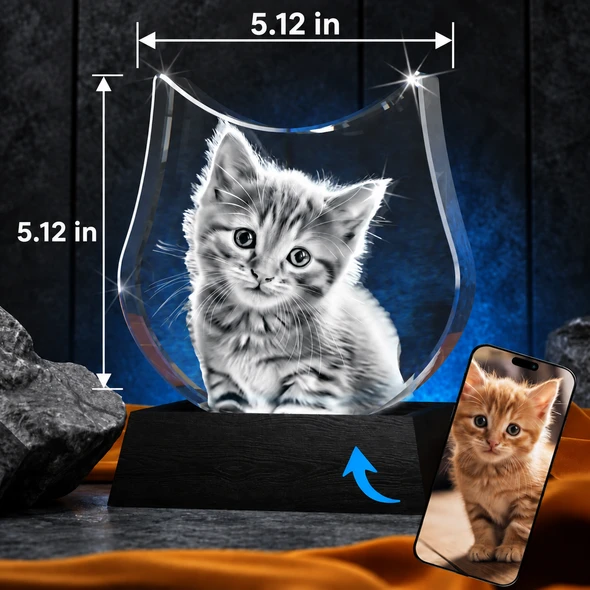 Personalized Cat-Shaped 3D Photo Crystal Keepsake with Display Base – Custom Pet Memorial Gift