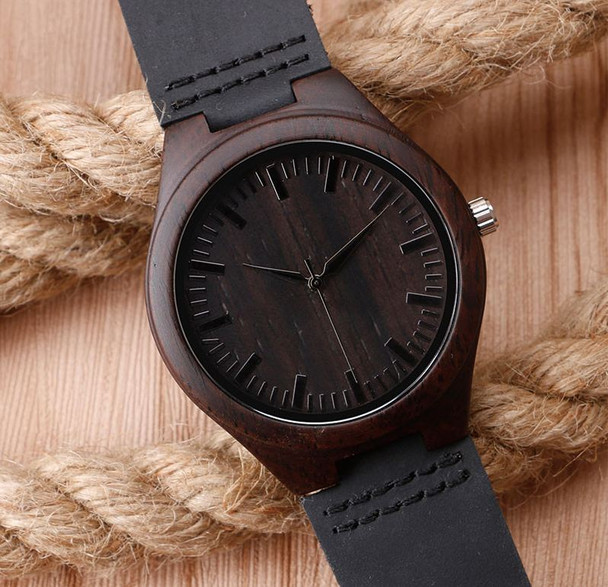 Personalized Black Bamboo Wood Watch with Genuine Black Leather