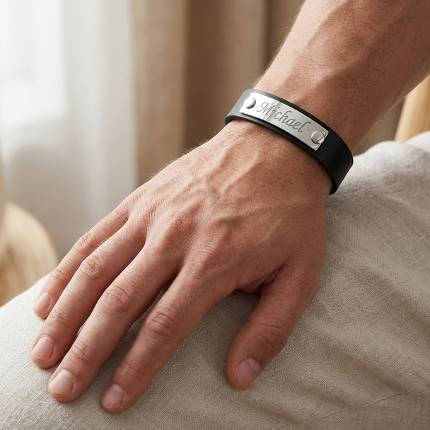 Personalized Stainless Steel ID Bracelet with Genuine Leather