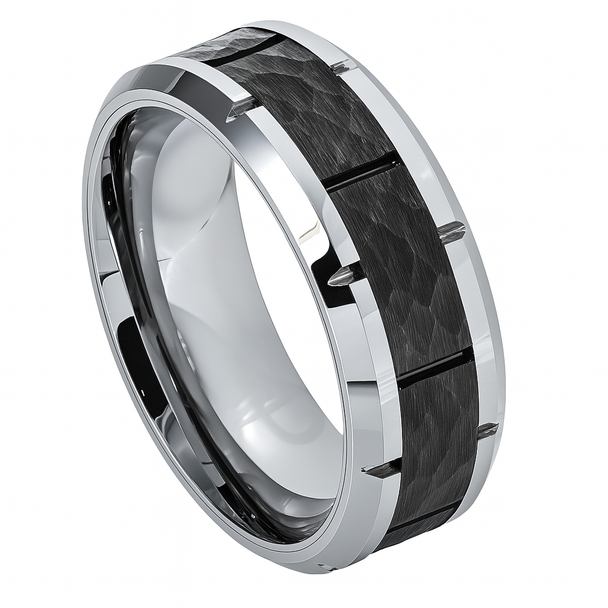 Tungsten Beveled Edge Ring with Black IP Plated Hammered Finish Center