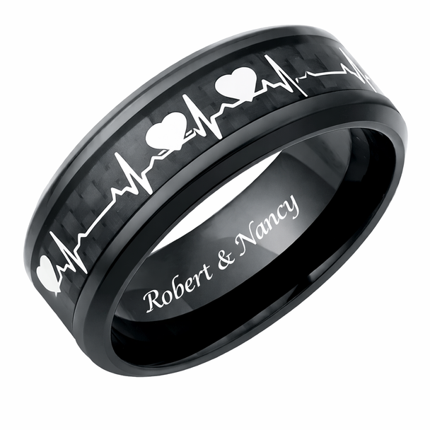 Personalized Stainless Steel Black Heart Beat of Love Inlay Ring