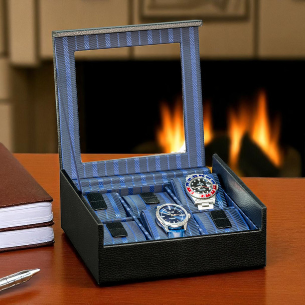 Personalized Black Leather 6 Watch Case with Glass Top