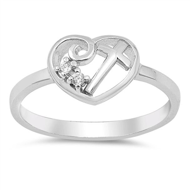 Silver Ring W/ CZ - Cross in Heart
