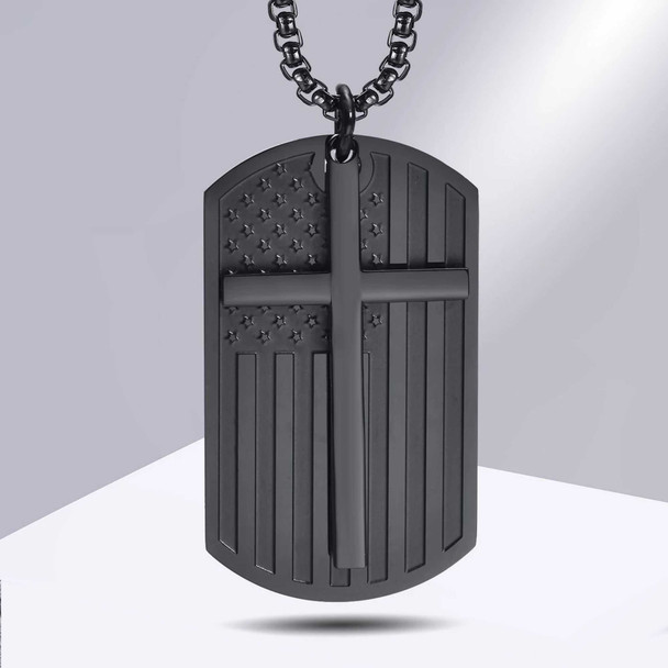 Personalized American Flag Pendant - Dog Tag With Cross