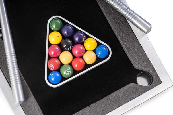 The Bey-Berk Mini Table Top pool game in aluminum case