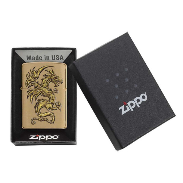 Genuine Zippo Sparkling Golden Dragon Design on Brushed Brass Finish Genuine Zippo Sparkling Golden Dragon Design on Brushed Brass Finish