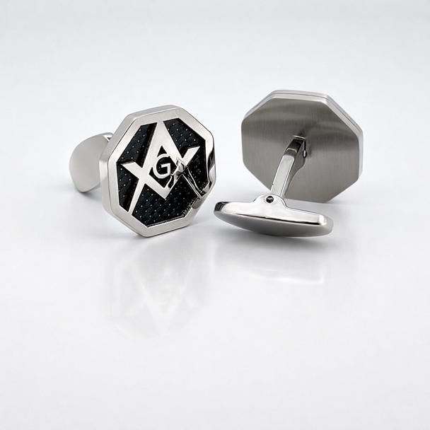 Octagon Masonic Cufflinks – Silver Square & Compass Design