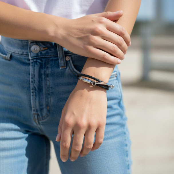 Personalized Black Braided Leather Wrap Bracelet – Custom Engraved Stainless Steel Bar