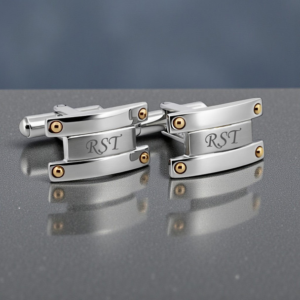Personalized Stainless Steel Cufflinks with Gold Accent Screws – Custom Engraved Wedding & Anniversary Gift