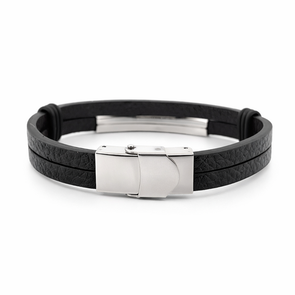 Personalized Quality Two-Layer Black Leather ID Bracelet with Stainless Steel ID Plate