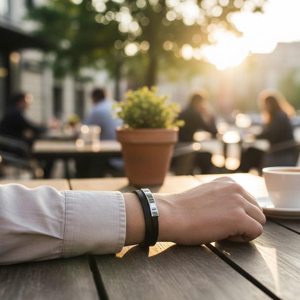 Personalized Quality Two-Layer Black Leather ID Bracelet with Stainless Steel ID Plate