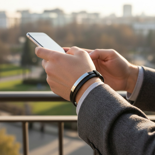 Personalized Quality Two-Layer Black Leather ID Bracelet with Stainless Steel ID Plate