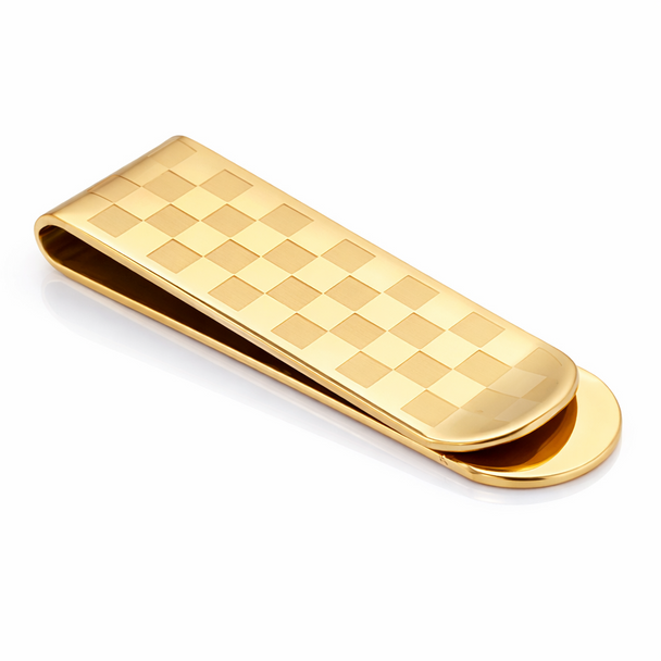 Gold Color Checkered Money Clip – Engravable Slim Men’s Gift