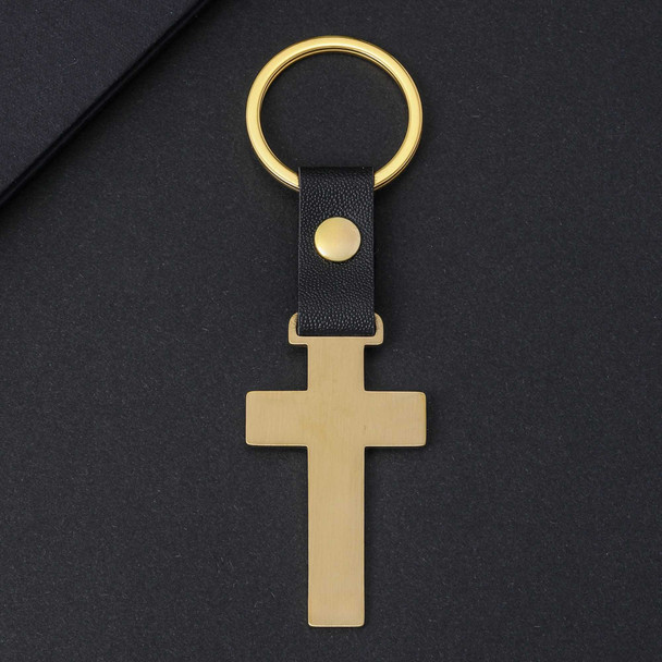 Personalized Stainless Steel Cross Keychain with Leather Strap