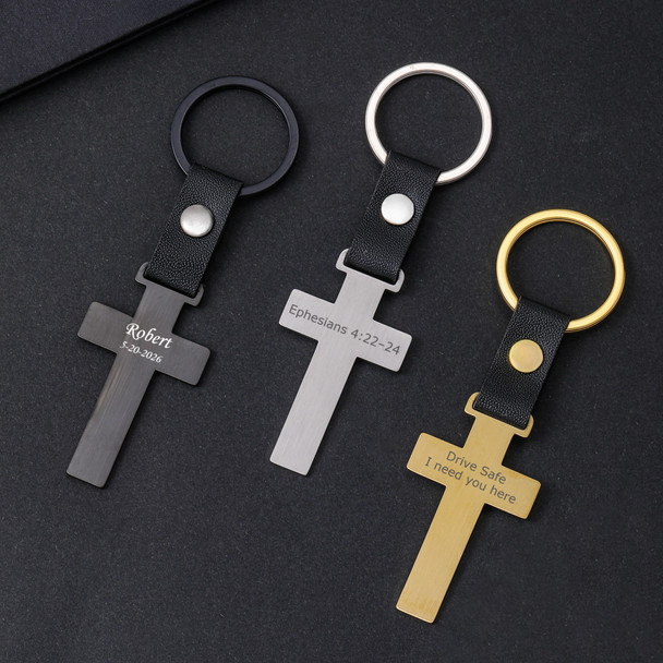 Personalized Stainless Steel Cross Keychain with Leather Strap
