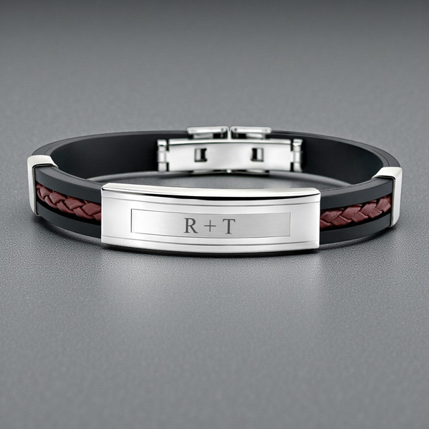 Personalized Men’s Stainless Steel & Leather Bracelet – Engraved Modern Gift for Him