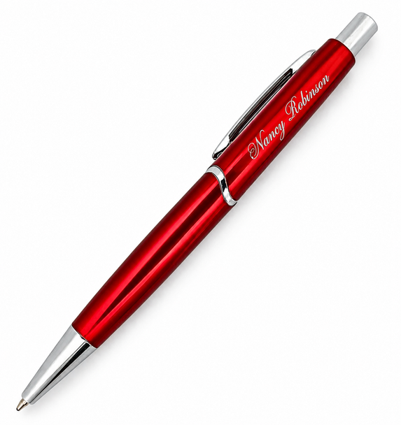 Personalized Red Metal Ballpoint Pen – Custom Engraved Name Pen – Monotype Corsiva Engraving – Black Ink Gift Pen for Men & Women