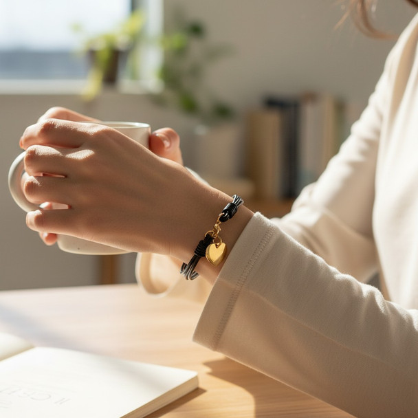 Personalized Gold Color Heart Charm Leather Bracelet