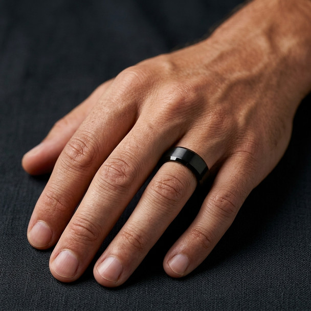 Beveled Edge Black Tungsten Wedding Band - Free Engraving