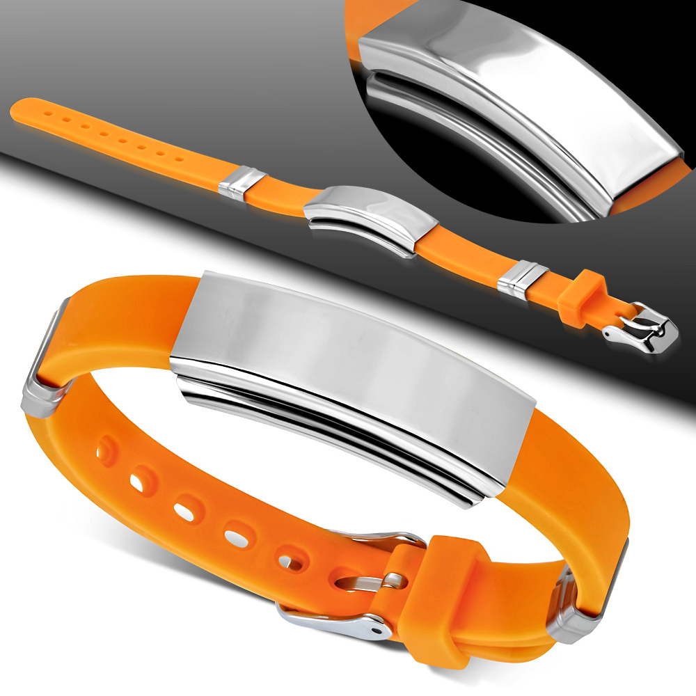 Personalized Stainless Steel and Orange Rubber ID Bracelet