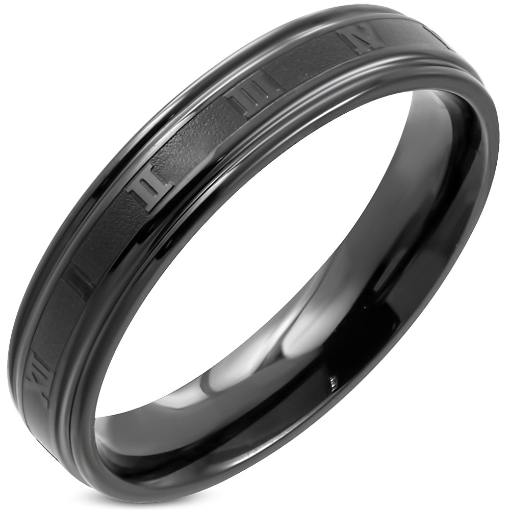 Personalized 4mm Black Stainless Steel Roman Numeral Comfort Fit Ring -  ForeverGifts.com