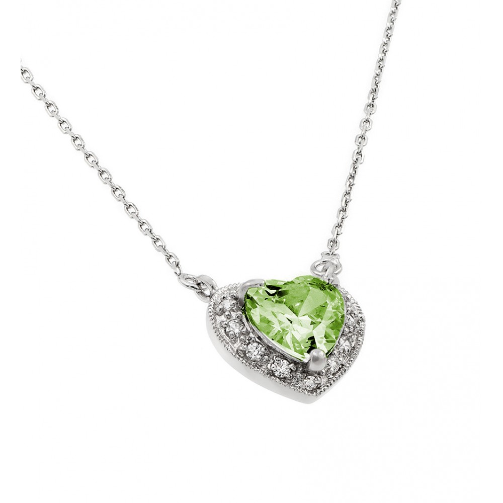 18-Inch Rhodium Plated Necklace with 6mm Peridot Birthstone Beads and Sterling Silver Saint Patrick Charm. 