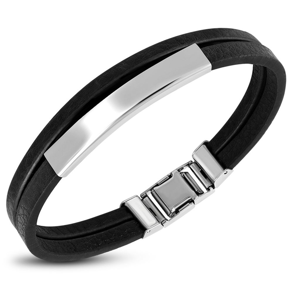 Personalized Double Strand Black Leather ID Bracelet - ForeverGifts.com