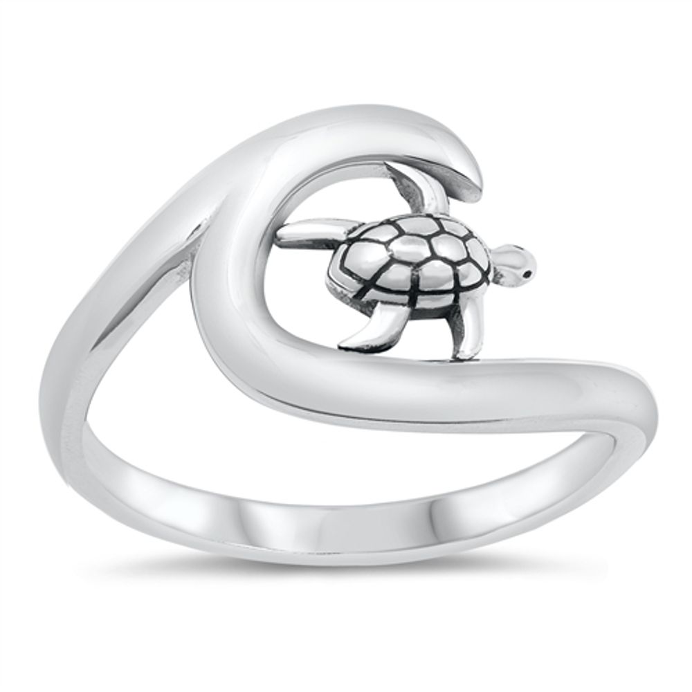 Quality 925 Sterling Silver Turtle and Wave Ring - ForeverGifts.com