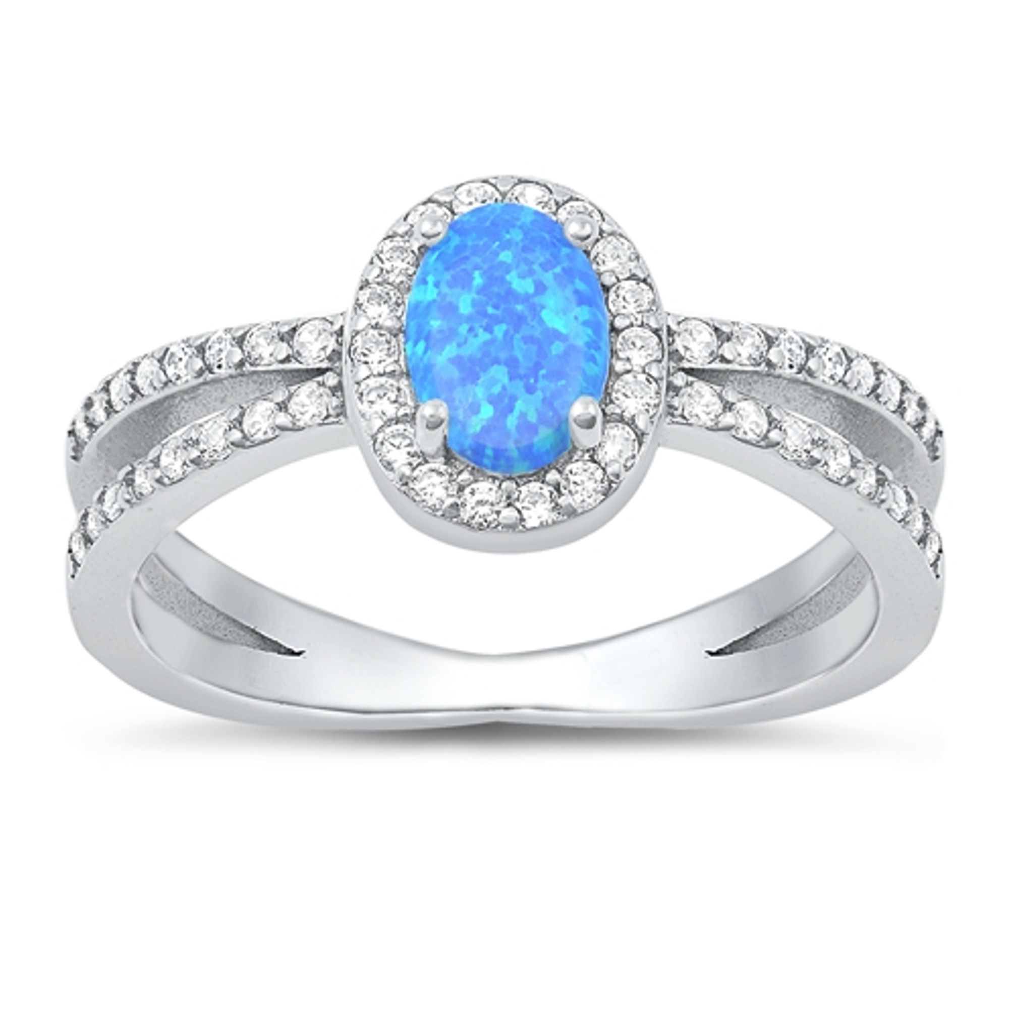 925 Sterling Silver Rhodium Plated Oval Blue Lab Opal Ring with CZ ...