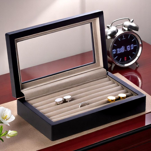 Personalized Black Wood Cufflink Box with Glass Top