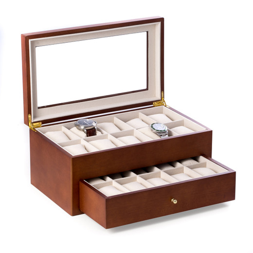 Personalized Cherry Wood 20 Watch Box with Glass Top & Drawer ...