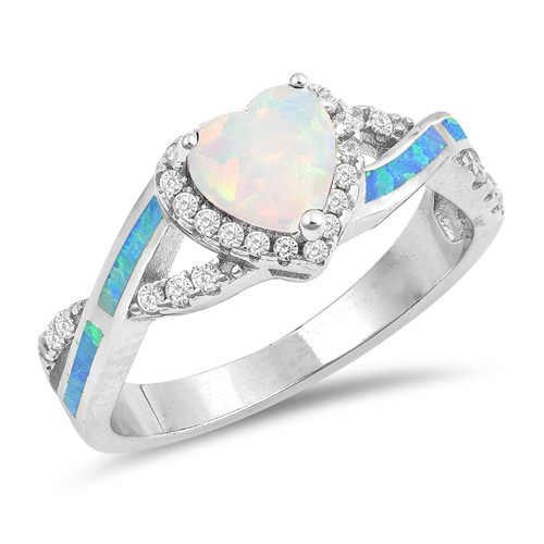 Personalized Sterling Silver with Blue and White Lab Opal and CZ Ring ...