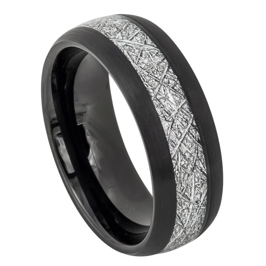 8mm Tungsten Carbide Black IP Plated with Imitation Meteorite Inlay ...