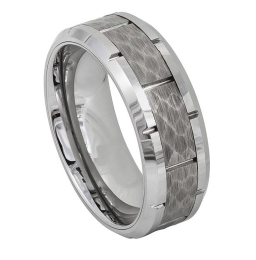 8mm Tungsten Carbide Beveled Edge Ring Hammered Finish Center ...