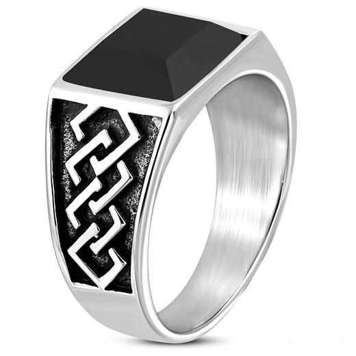 Stainless Steel Bezel-Set with Braided Shank Biker Ring with Glass ...