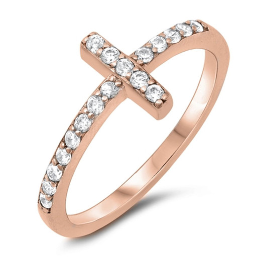 925 Sterling Silver Rose Gold Plated Sideways Cross Ring - ForeverGifts.com