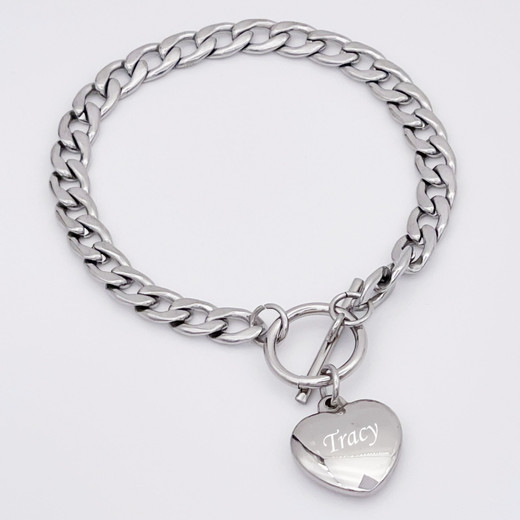 Personalized Stainless Steel Cuban Link Heart Charm Bracelet