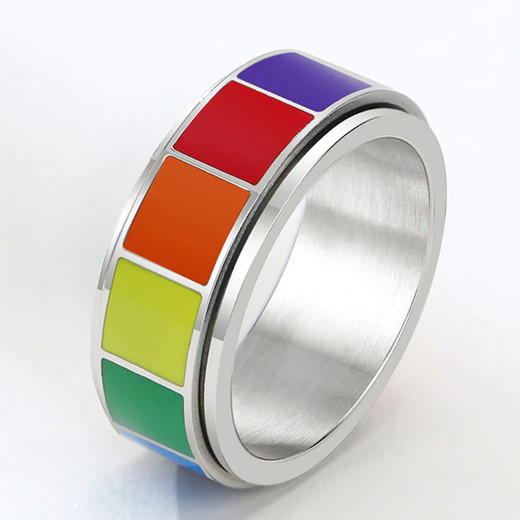 Oakky Unisex Stainless Steel Rainbow Spinner Ring – Rotatable Chain Design, Sizes 7-12, Wedding Band Style
