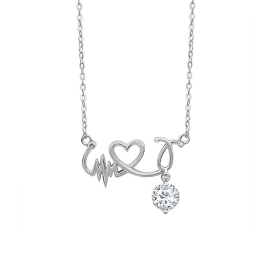 Quality 925 Sterling Silver Heartbeat Necklace with CZ - ForeverGifts.com