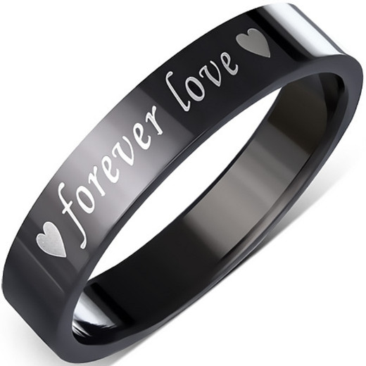 4mm Black Stainless Steel Forever Love Heart Flat Band Ring ...