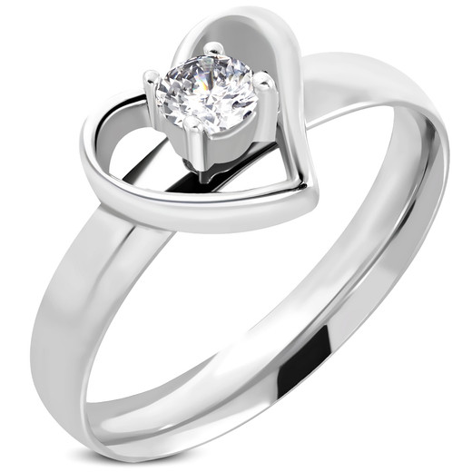 Stainless Steel Open Love Heart Comfort Fit Ring With CZ