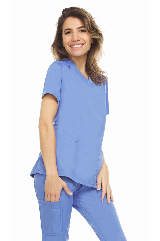 MediChic Scrubs Mesh Yoke V-Neck Scrub Top with Three Pockets