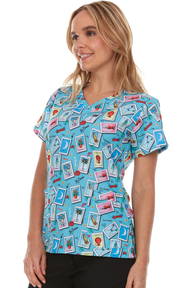 Don Clemente Loteria V-Neck Print Scrub Top