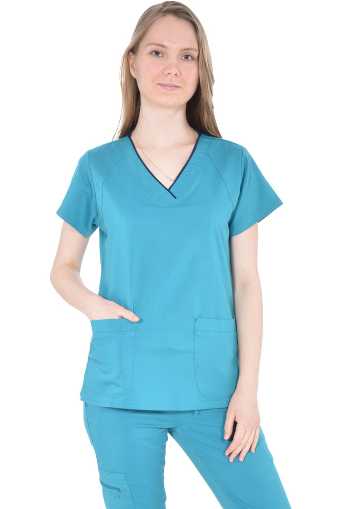 Marilyn Monroe Stretch V-Neck Piping Medical Scrub Top with Multiple Pockets