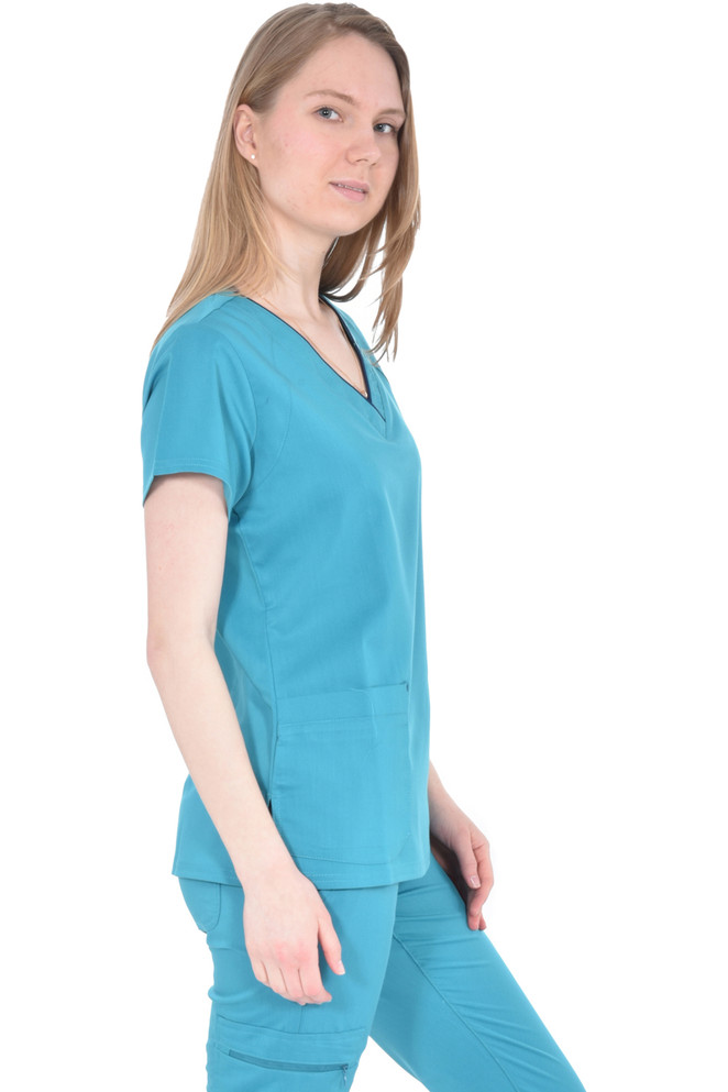Marilyn Monroe Stretch V-Neck Piping Medical Scrub Top with Multiple Pockets