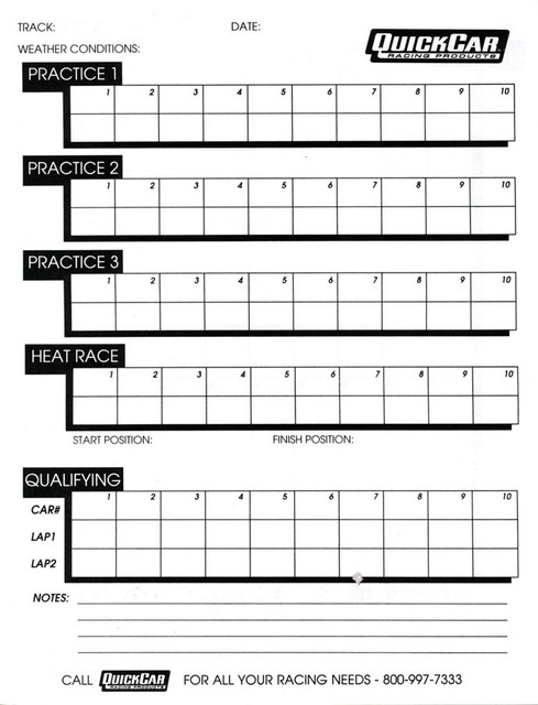 Quickcar Racing Products Time Organizer Sheets 100 Lap (50Pk) 51-235