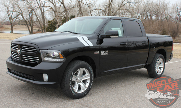 Front Angle View of Black Dodge Ram 1500 Hood Stripes DOUBLE BAR 2009-2016 2017 2018