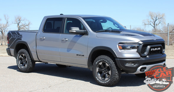 Side View of Ram with wheel moldings 2020 Ram 1500 Rebel REB SIDE Graphic Stripes 2019-2022