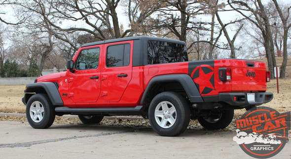 Side View of Red BOOTSTRAP Jeep Gladiator Side Star Vinyl Graphics Decal Stripe Kit for 2020-2026